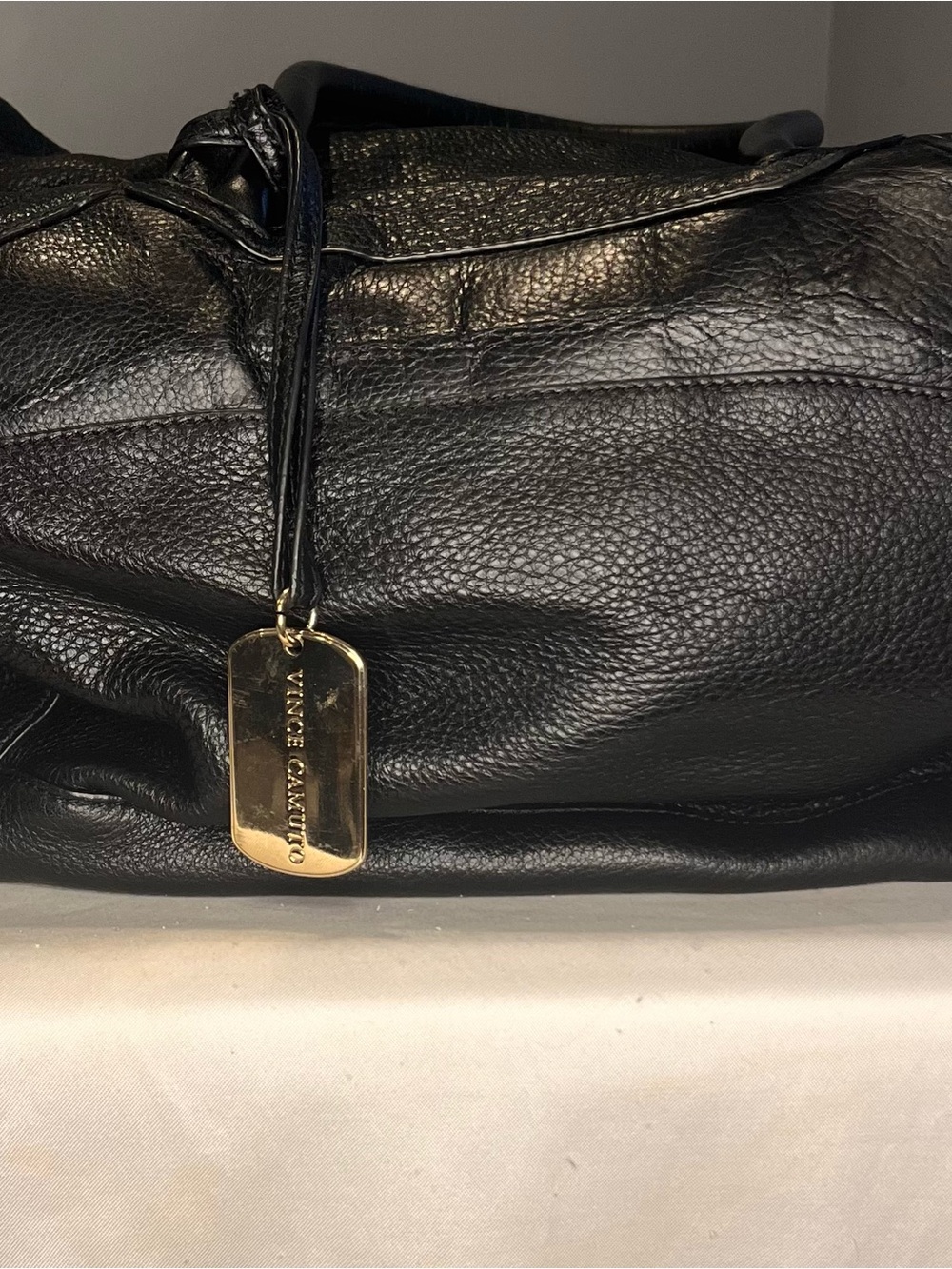 Vince Camuto Black Pebbled Leather Shoulder Tote with Gold Logo Tag